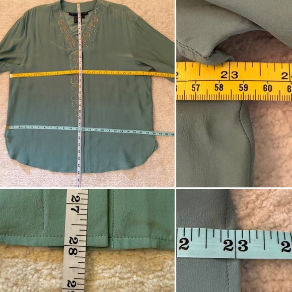 Vintage IB Diffusion Silk Blouse Beaded Embroidered Size 14 Dusty Teal Flowy - Picture 9 of 10